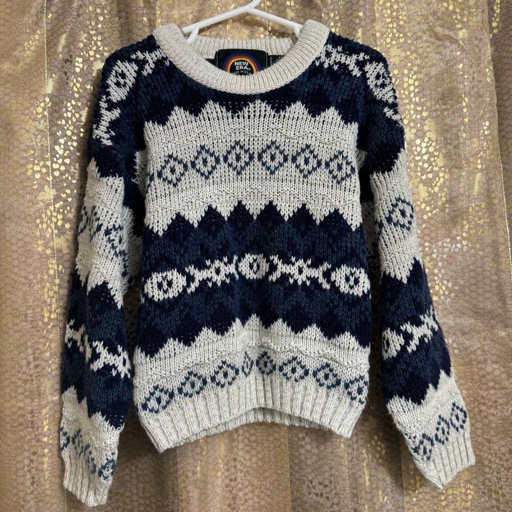 Vintage New Era Little Boys Knit Fair Isle Blue Ivory Crew Neck Sweater Medium